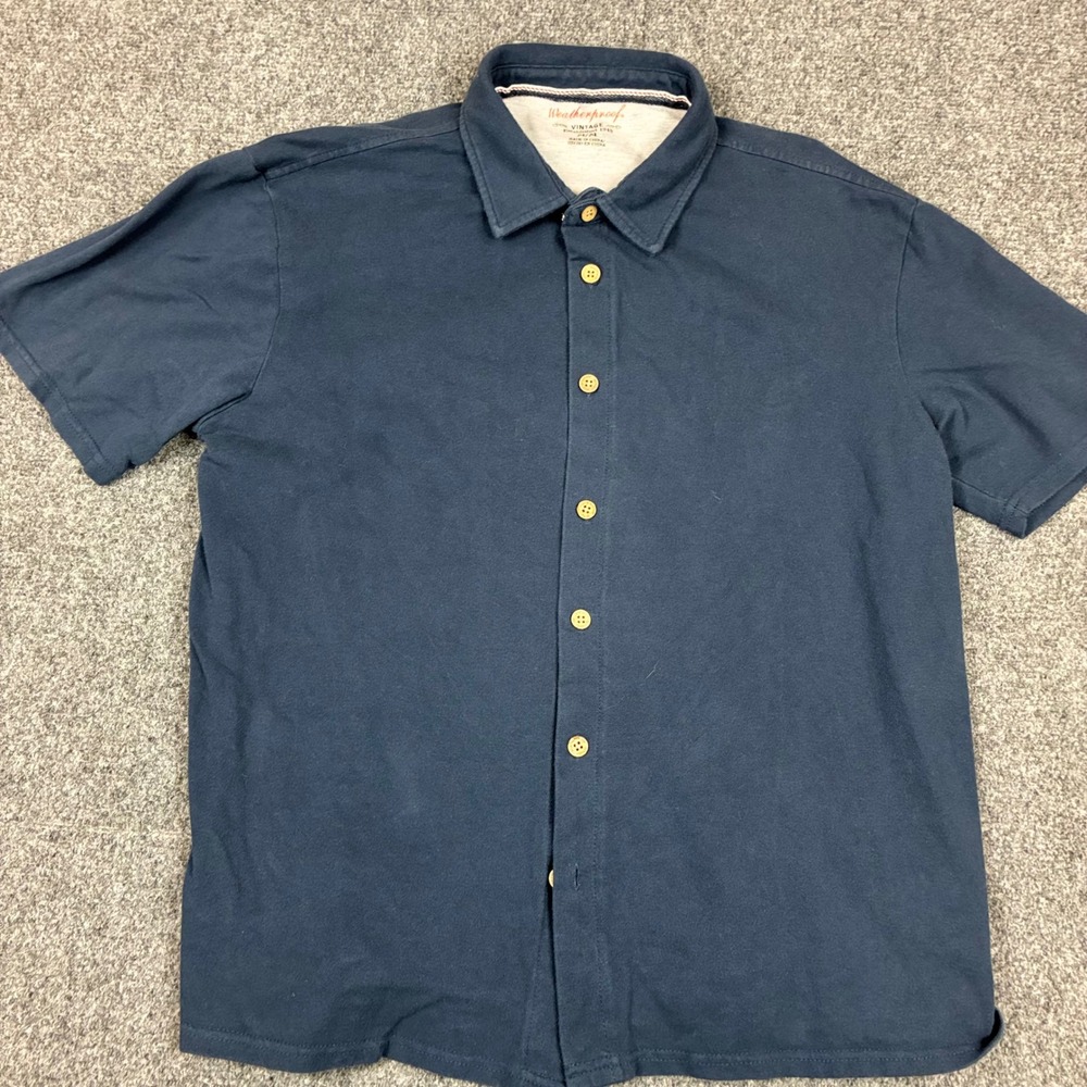 Weatherproof Vintage Mens Medium‎ Navy Blue Pique Short Sleeve Button Down Shirt